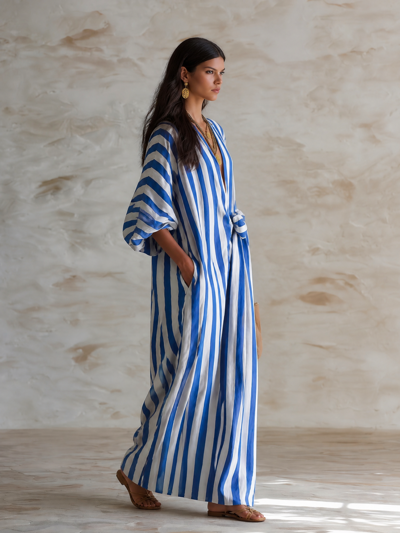 Chic Cotton Striped Wrap-Tie Loose Blue & White Kaftan Maxi Dress