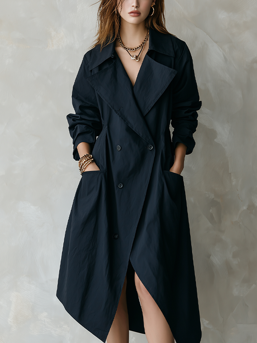 Bohemian Navy Blue Double-breasted Trench Coat
