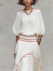 Bohemian Red Trimmed Ruffled Skirt Suit