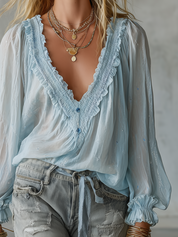 Romantic Bohemian Sheer Ruffle V-Neck Blouse Top