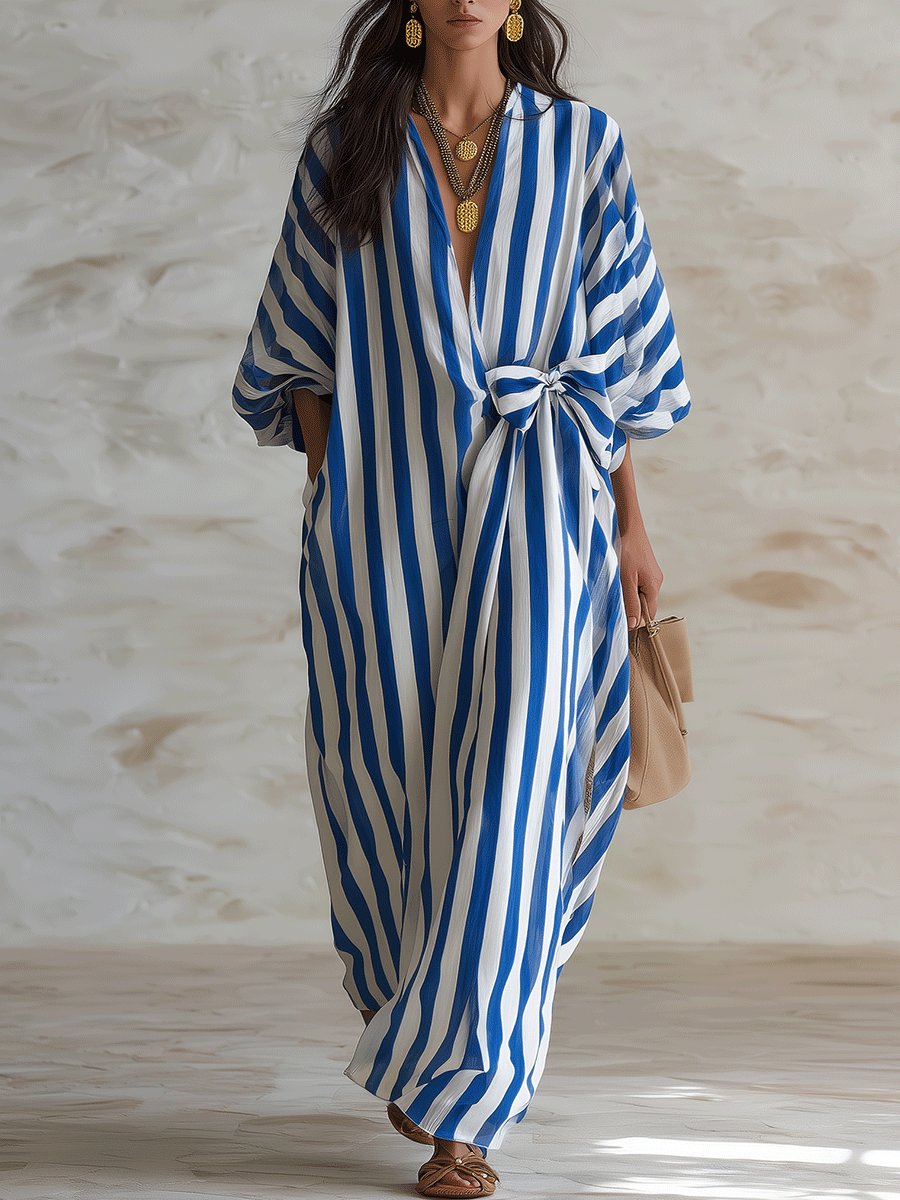 Chic Cotton Striped Wrap-Tie Loose Blue & White Kaftan Maxi Dress