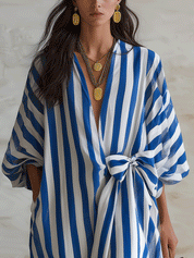 Chic Cotton Striped Wrap-Tie Loose Blue & White Kaftan Maxi Dress