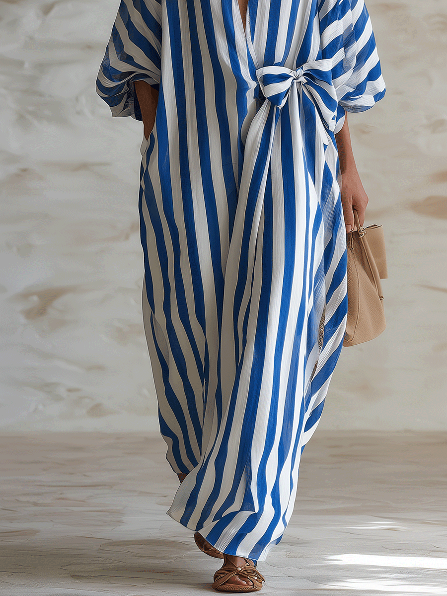 Chic Cotton Striped Wrap-Tie Loose Blue & White Kaftan Maxi Dress