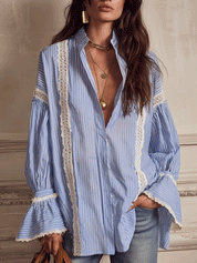 Chic Vertical-Stripe Crochet-Panel Blue Blouse