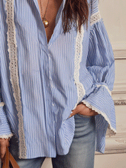 Chic Vertical-Stripe Crochet-Panel Blue Blouse