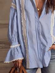 Chic Vertical-Stripe Crochet-Panel Blue Blouse