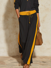 Sporty Chic Cotton Half-Zip Contrast-Stripe Black & Mustard Two-Piece Set