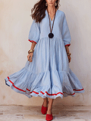 Nautical Chic Textured Cotton V-Neck Ruffle-Tiered Blue & White Midi Dress
