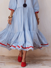 Nautical Chic Textured Cotton V-Neck Ruffle-Tiered Blue & White Midi Dress