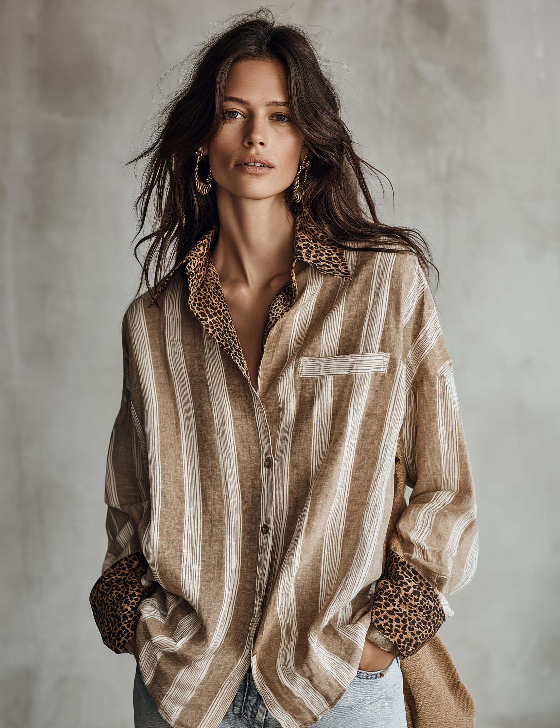 Modern Coastal Linen-Blend Striped Khaki Blouse