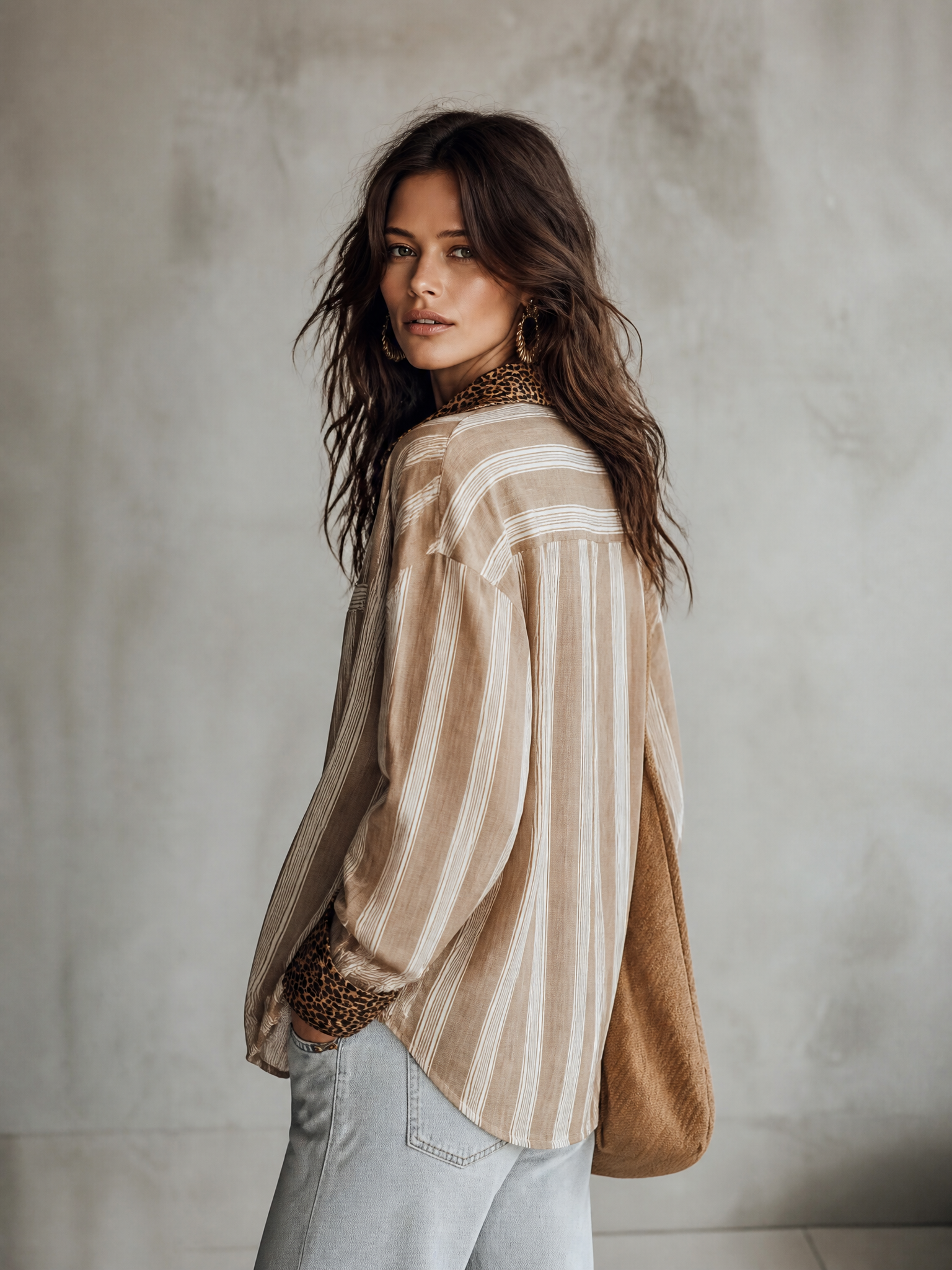 Modern Coastal Linen-Blend Striped Khaki Blouse