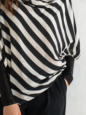 Modern Black Striped Draped Blouse