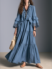Boho Ruffle V-Neck Bell Sleeve Lace Trim Maxi Dress