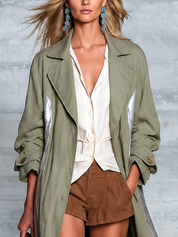 Women's Olive Green Long Trench Coat With Contrast Panel Detail Coat