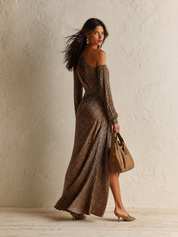 One-Shoulder Long Sleeve Leopard Print Ruched Maxi Dress