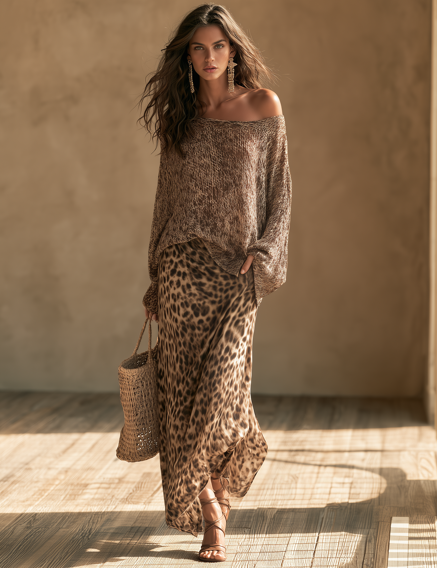 Effortless Chic Open-Knit Off-Shoulder Sweater & Leopard-Satin Brown Two-Piece Set