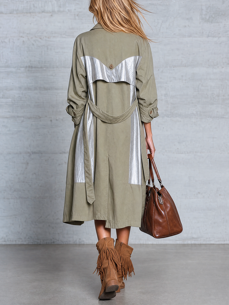Women's Olive Green Long Trench Coat With Contrast Panel Detail Coat