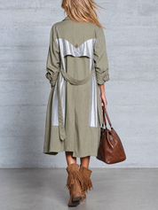 Women's Olive Green Long Trench Coat With Contrast Panel Detail Coat