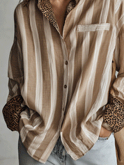 Modern Coastal Linen-Blend Striped Khaki Blouse