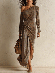 One-Shoulder Long Sleeve Leopard Print Ruched Maxi Dress