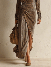 One-Shoulder Long Sleeve Leopard Print Ruched Maxi Dress