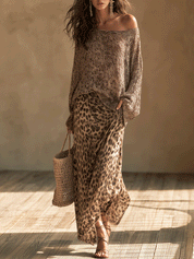 Effortless Chic Open-Knit Off-Shoulder Sweater & Leopard-Satin Brown Two-Piece Set