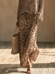 Effortless Chic Open-Knit Off-Shoulder Sweater & Leopard-Satin Brown Two-Piece Set