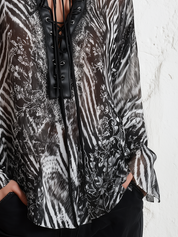 Bohemian Black Floral Print Lace-Up Blouse