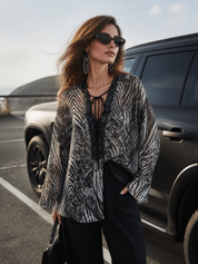 Bohemian Black Floral Print Lace-Up Blouse