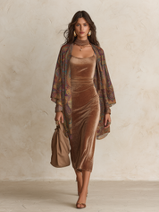 Elegant Velvet Slip Dress & Paisley-Print Two-Piece Duster Set