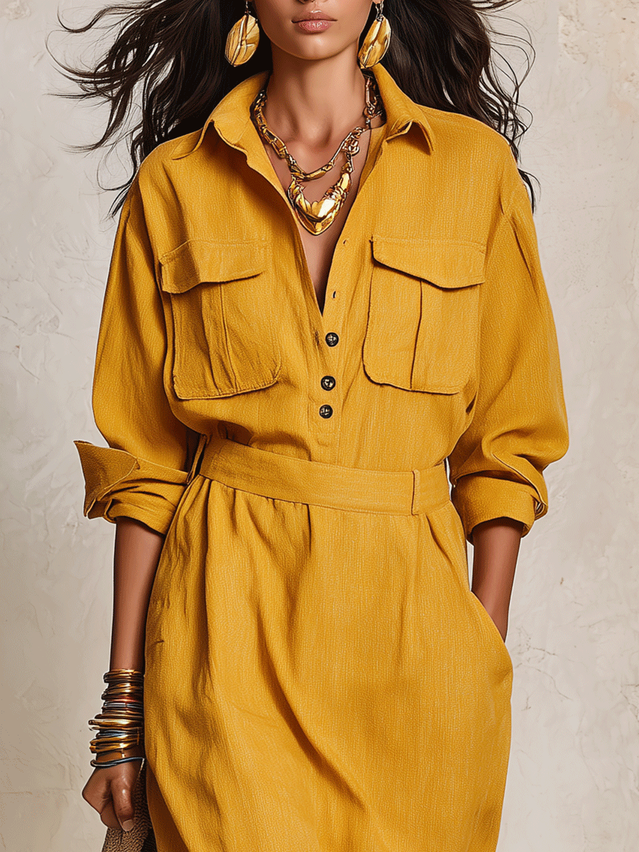 Utility Chic Linen Collared Roll-Sleeve Pocket Maxi Dress