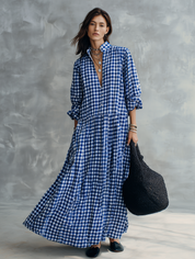 Blue Gingham Check Long Sleeve Maxi Shirt Dress