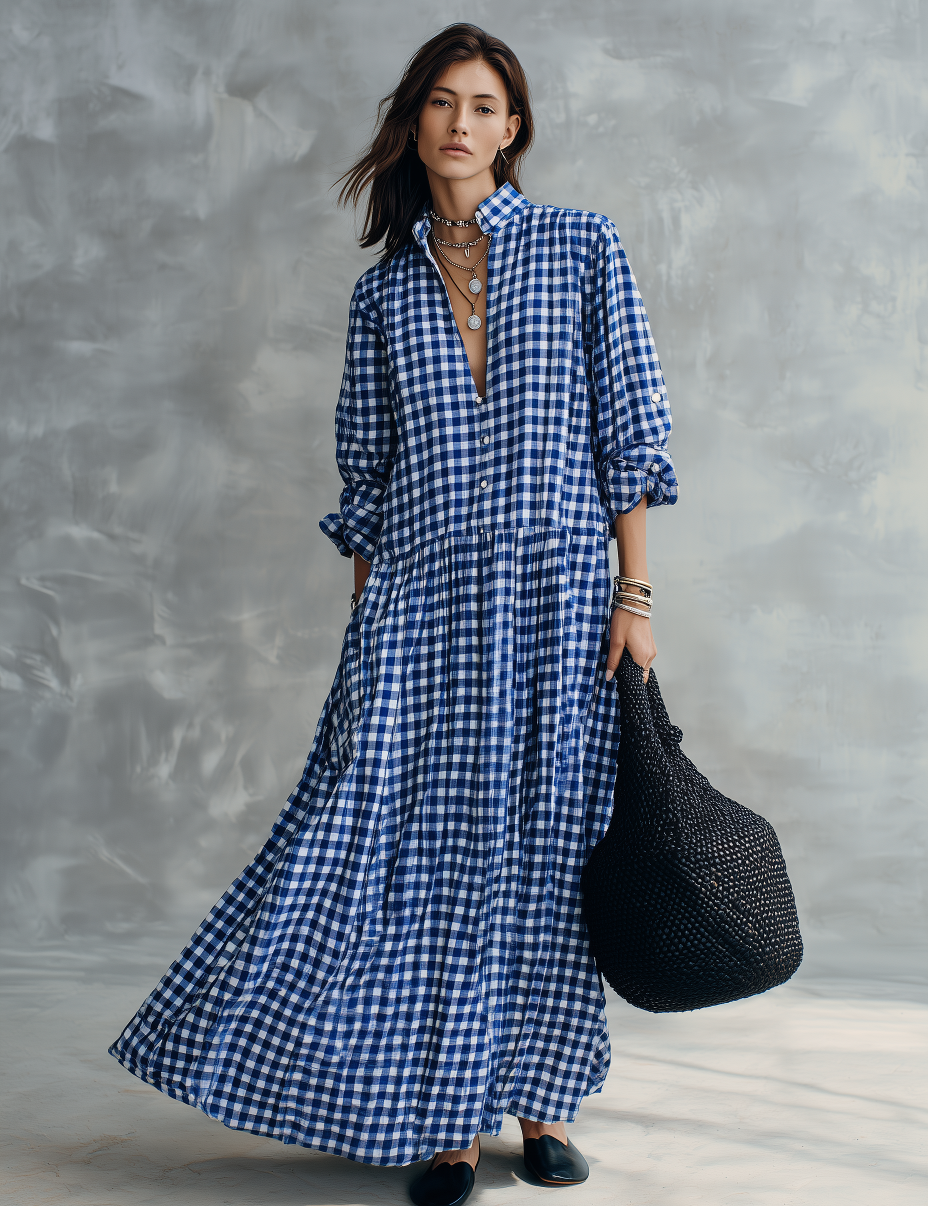 Blue Gingham Check Long Sleeve Maxi Shirt Dress