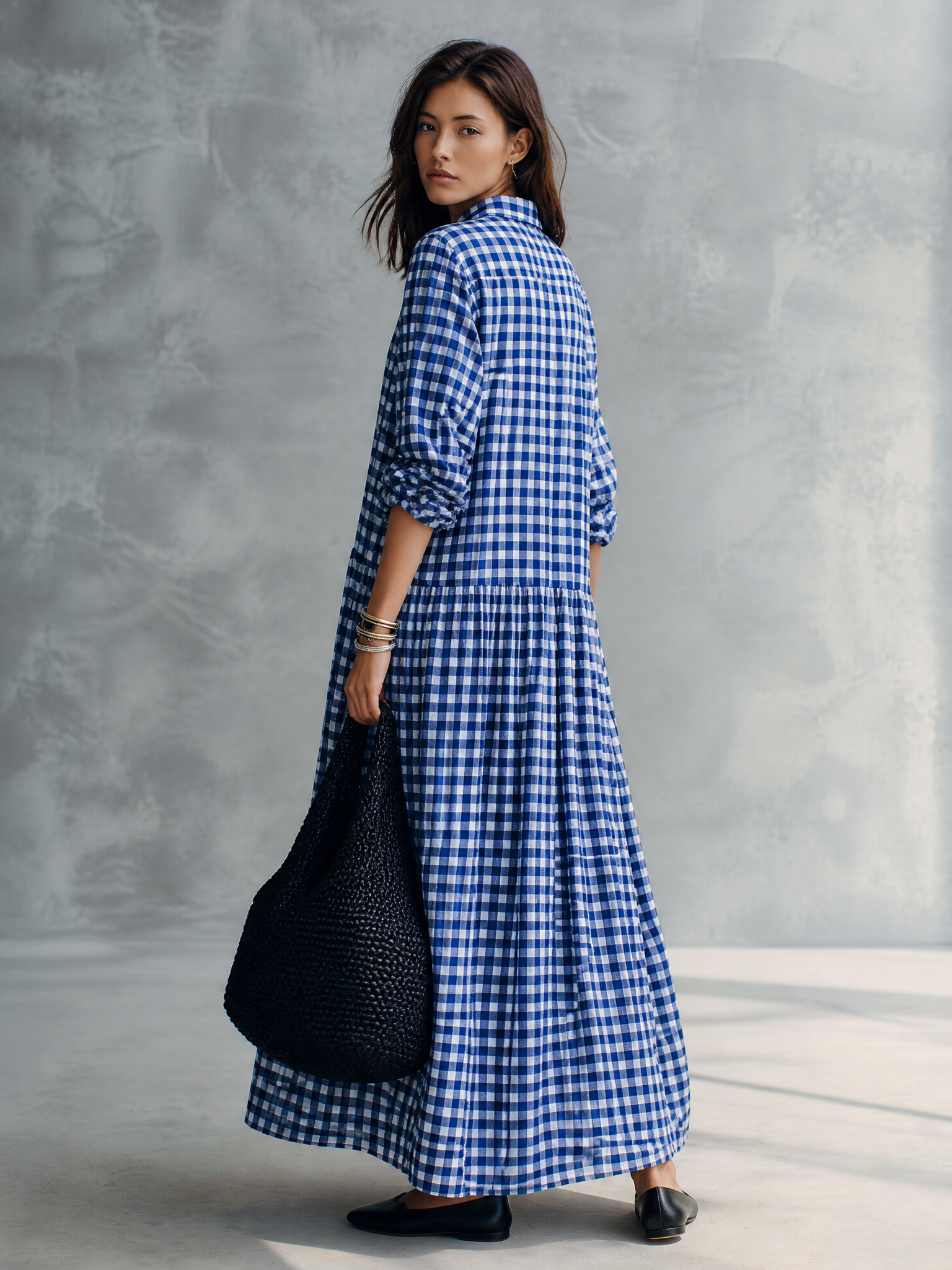 Blue Gingham Check Long Sleeve Maxi Shirt Dress
