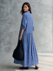 Blue Gingham Check Long Sleeve Maxi Shirt Dress