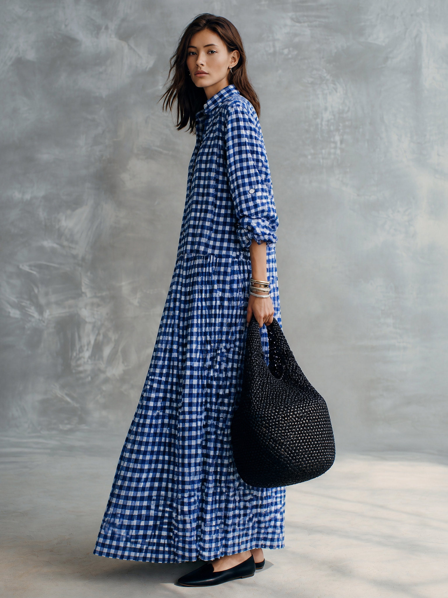 Blue Gingham Check Long Sleeve Maxi Shirt Dress
