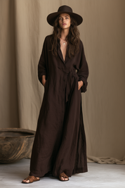 Women's Long Sleeve Belted Deep V Neckline Maxi Shirt Dress