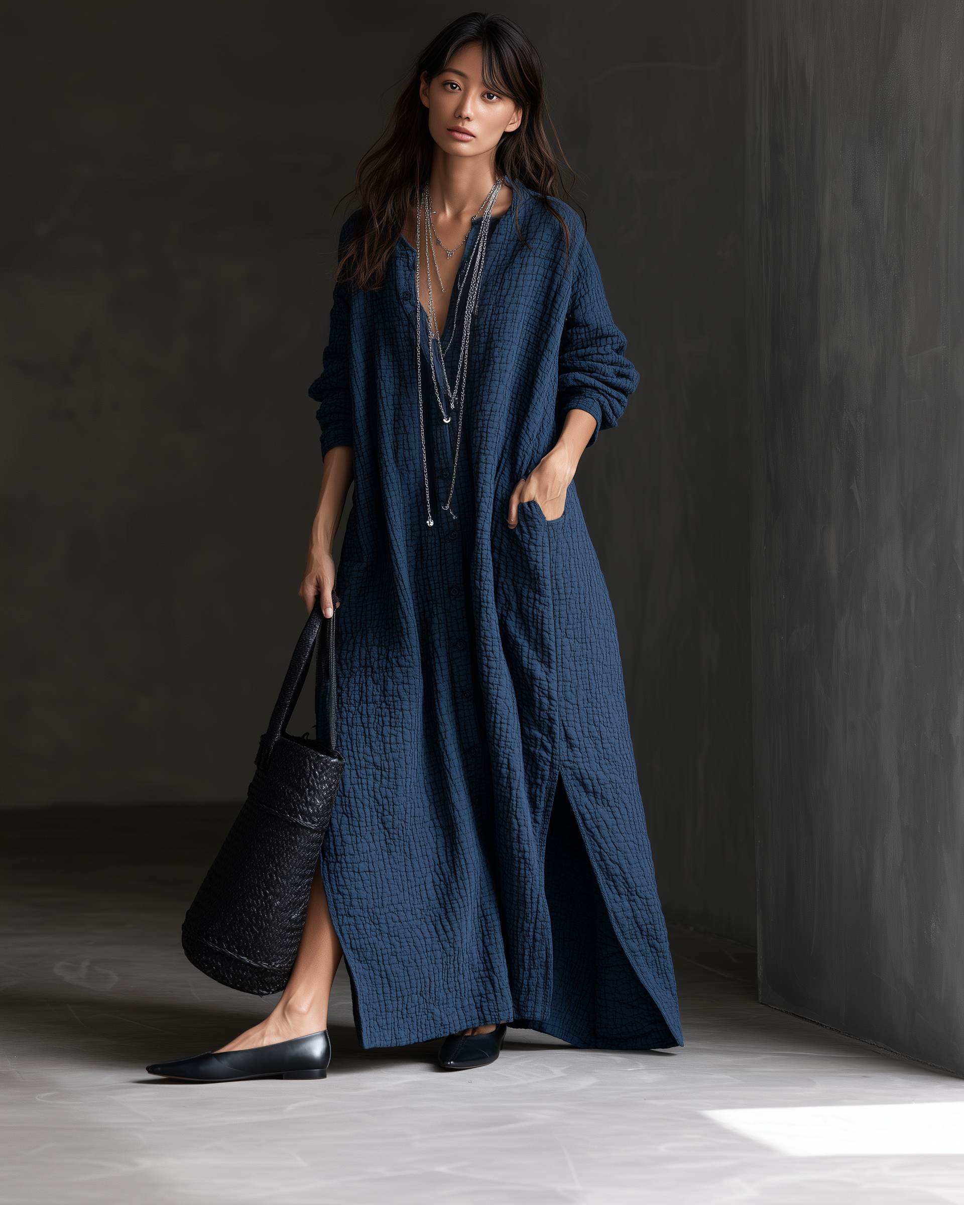Textured Long Sleeve Button-Front Maxi Shirt Dress