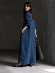 Textured Long Sleeve Button-Front Maxi Shirt Dress