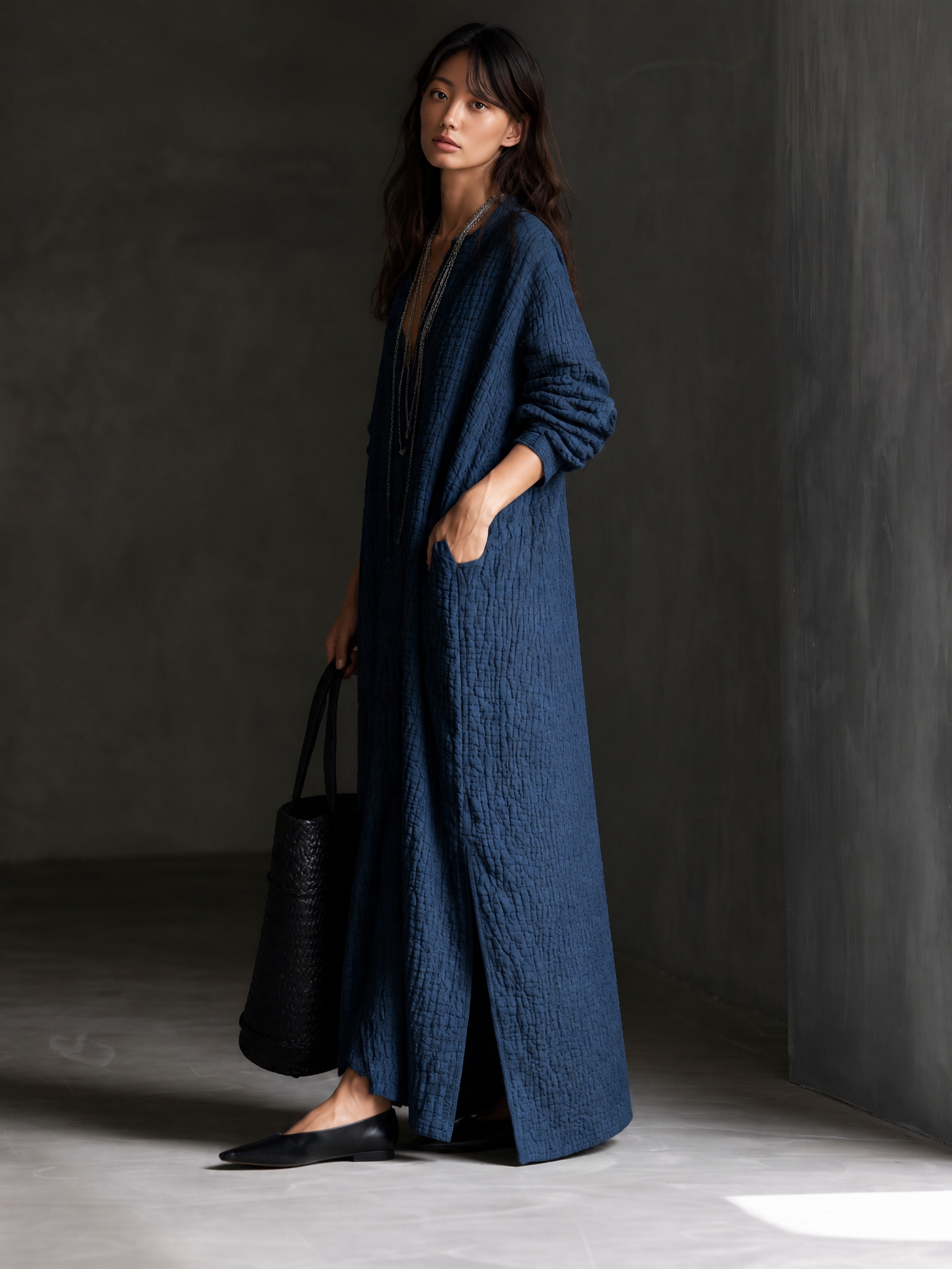 Textured Long Sleeve Button-Front Maxi Shirt Dress