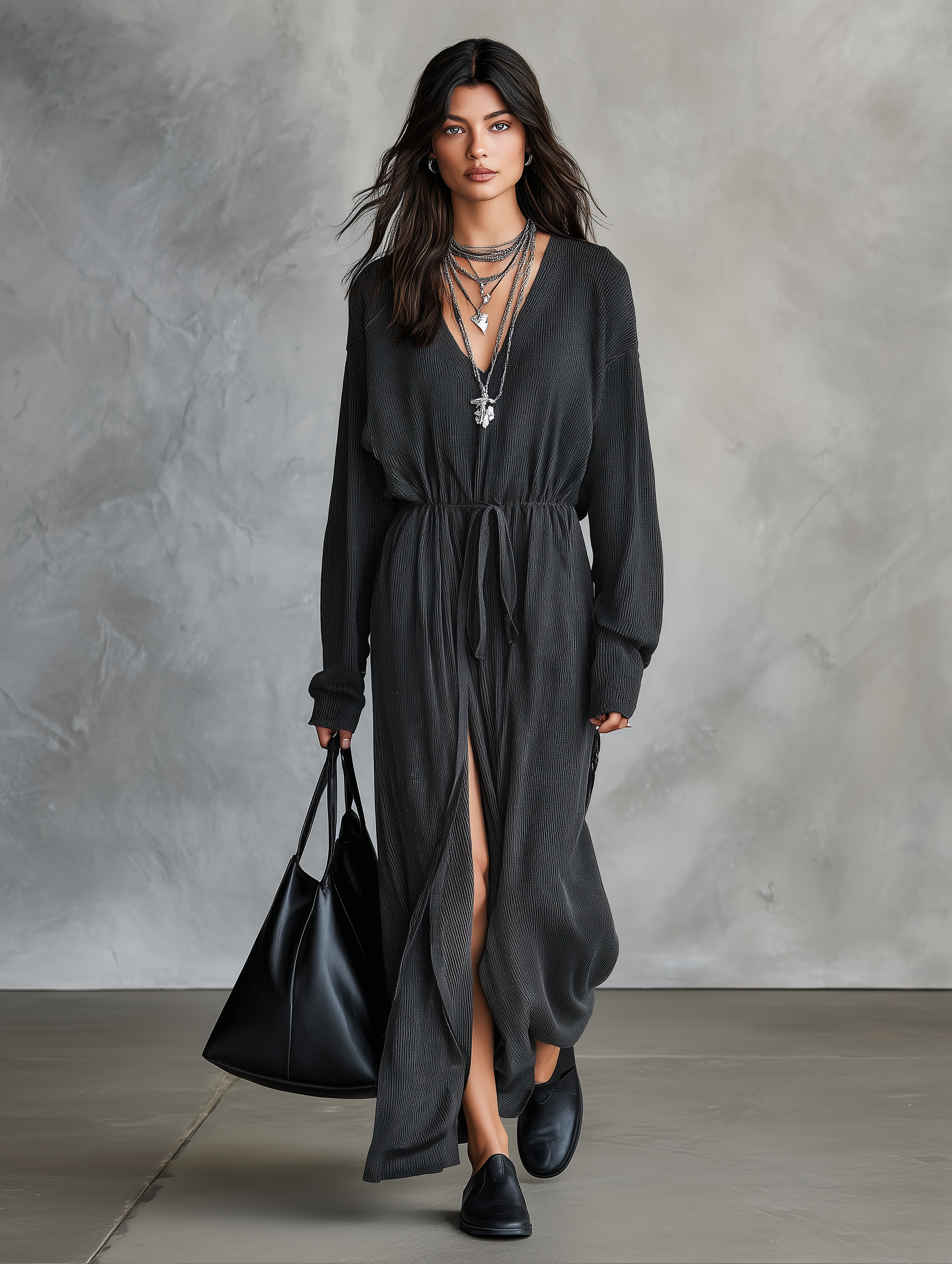 Women's V-Neck Long Sleeve Tie-Waist Side Slit Maxi Dress