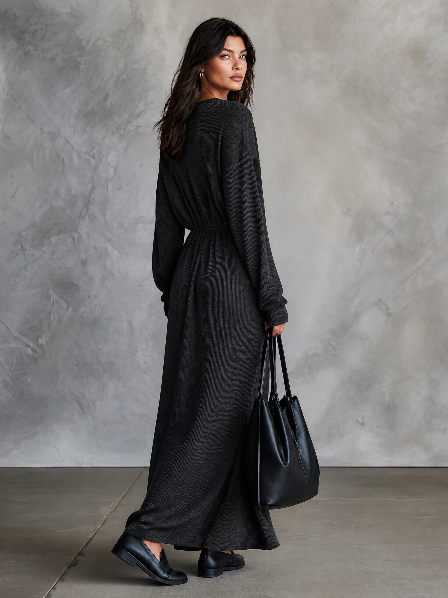 Women's V-Neck Long Sleeve Tie-Waist Side Slit Maxi Dress