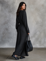 Women's V-Neck Long Sleeve Tie-Waist Side Slit Maxi Dress