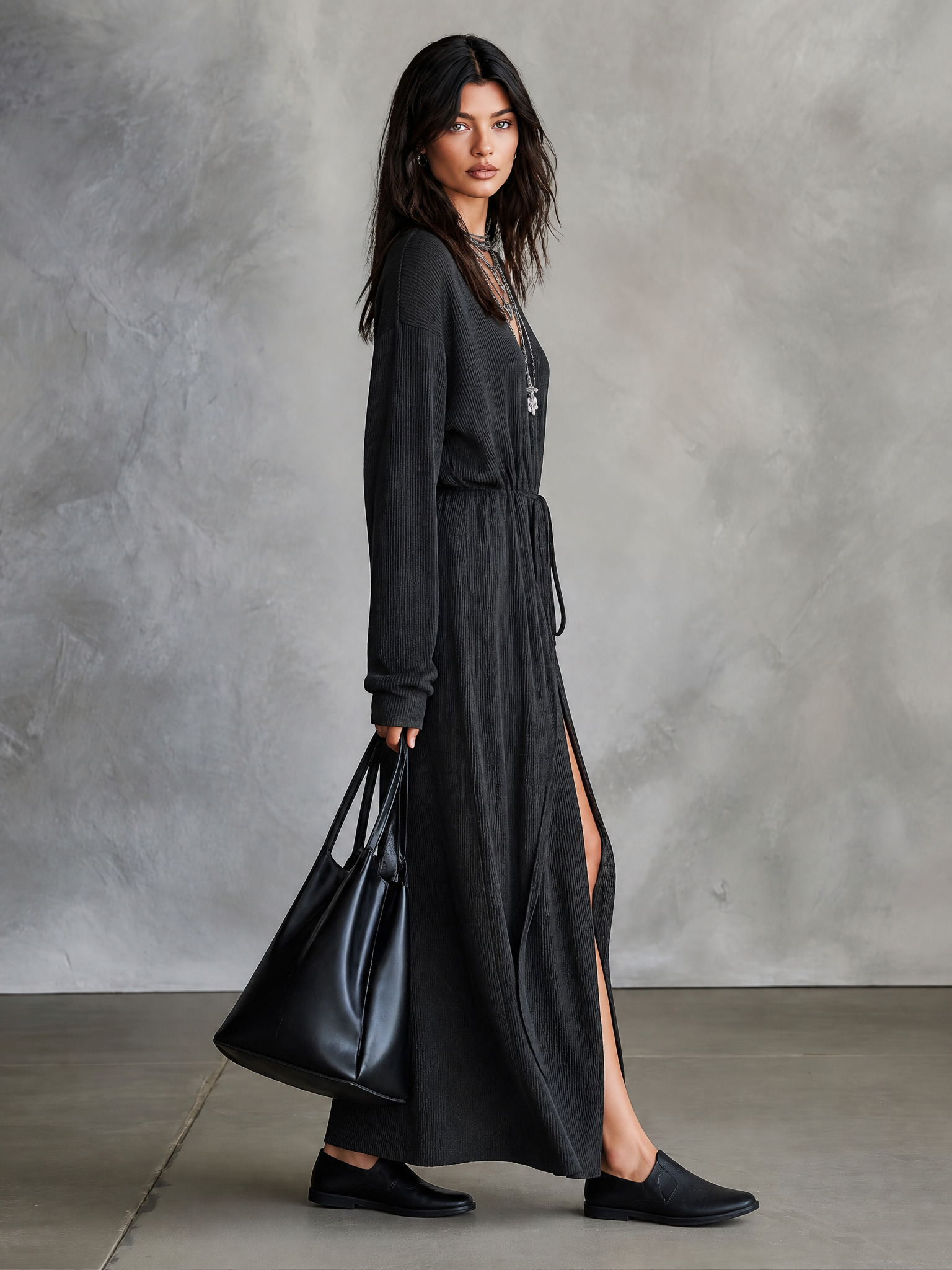 Women's V-Neck Long Sleeve Tie-Waist Side Slit Maxi Dress