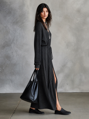 Women's V-Neck Long Sleeve Tie-Waist Side Slit Maxi Dress