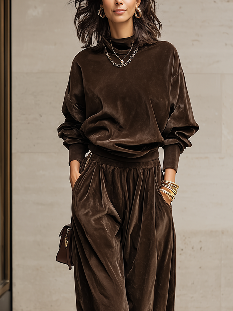 Luxury Brown Velvet Top And Lantern Pants Set