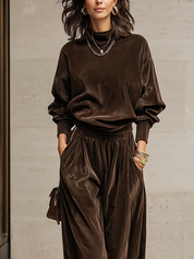 Luxury Brown Velvet Top And Lantern Pants Set