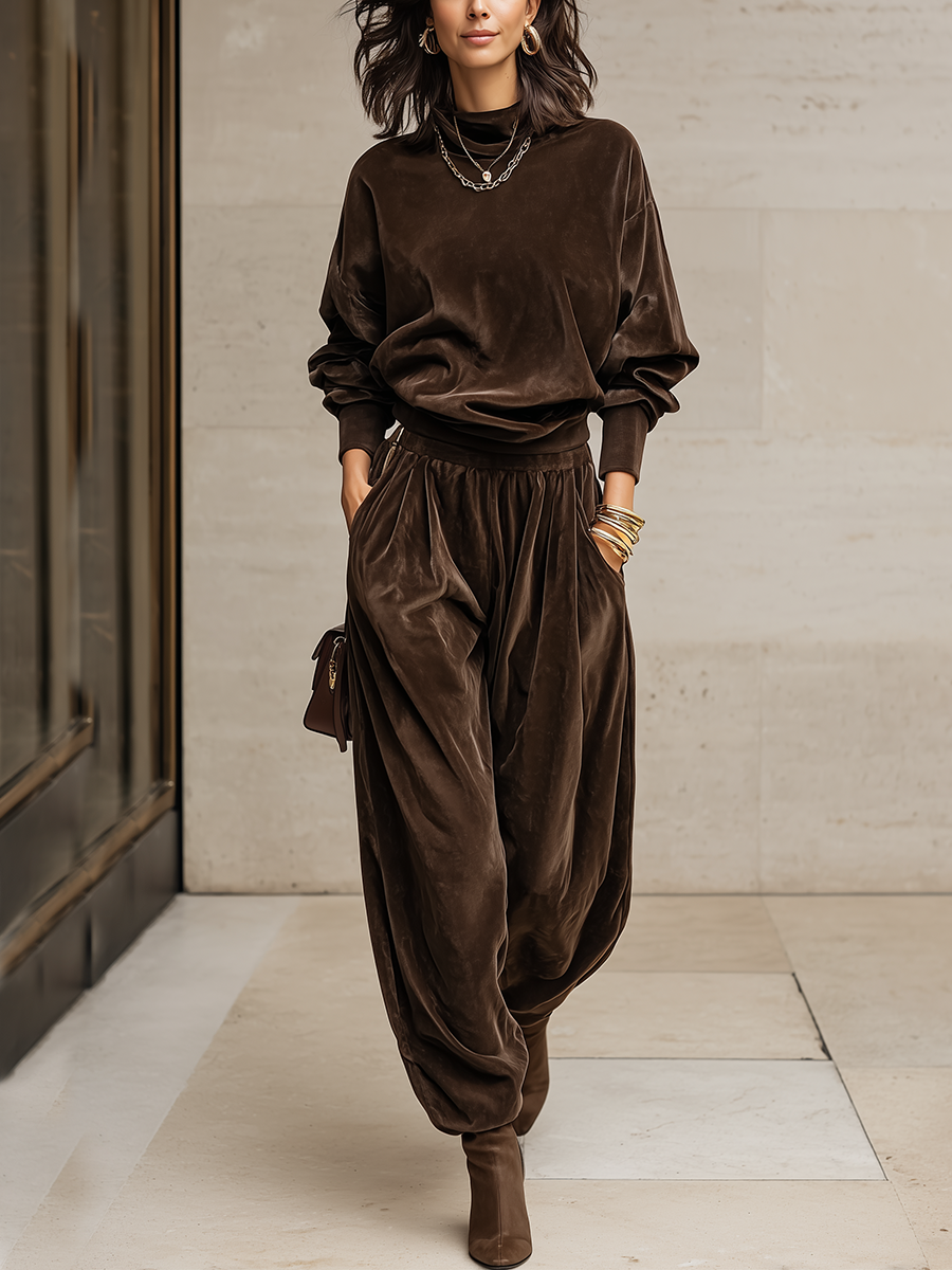 Luxury Brown Velvet Top And Lantern Pants Set