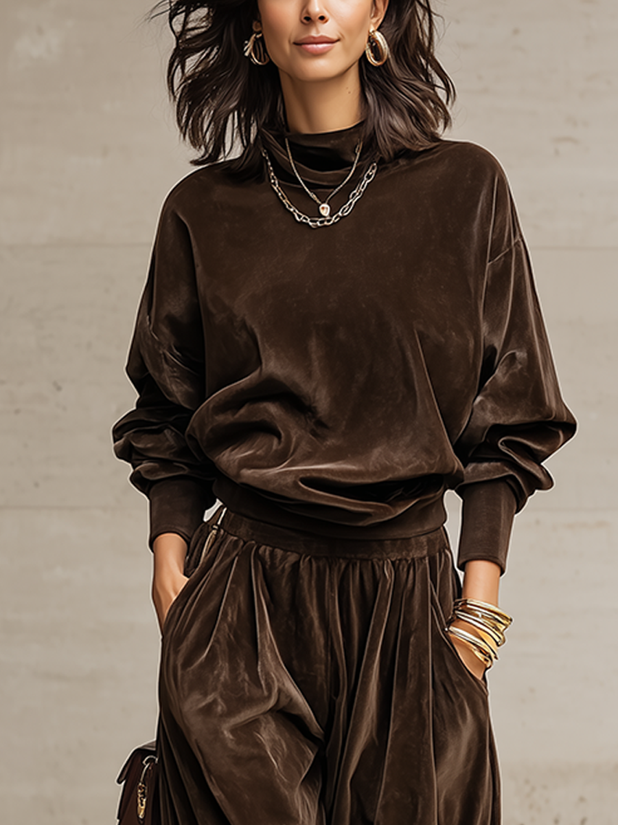 Luxury Brown Velvet Top And Lantern Pants Set