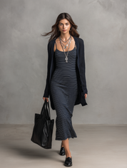 Striped Slip Midi Dress with Knit Cardigan